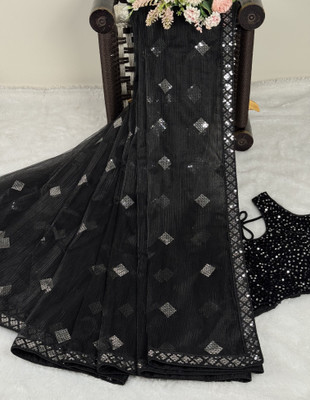 SROLY Embroidered Bollywood Net Saree(Black)