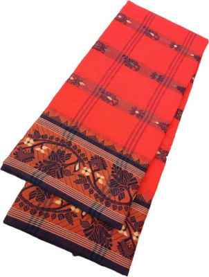 KhayaFashion Woven Tant Pure Cotton Saree(Orange)