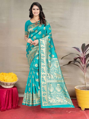Pervas Woven, Self Design Kanjivaram Silk Blend, Cotton Silk Saree(Light Blue)