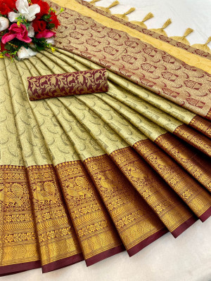 SEASON FAB Self Design Banarasi Jacquard, Art Silk Saree(Cream, Maroon)