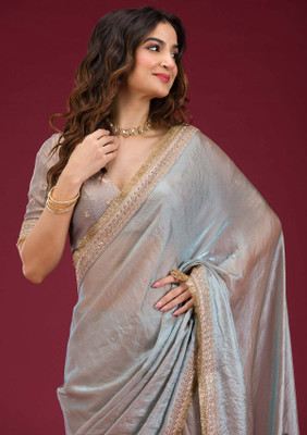 KOSKII Embroidered Bollywood Tissue Saree(Grey)