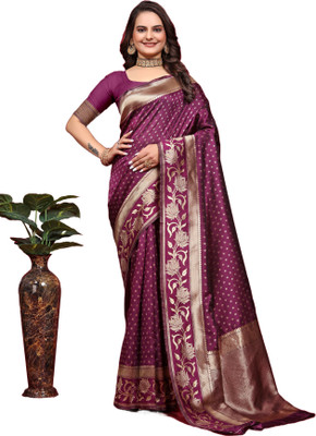 mahakay Woven Kanjivaram Silk Blend Saree(Purple, Gold)