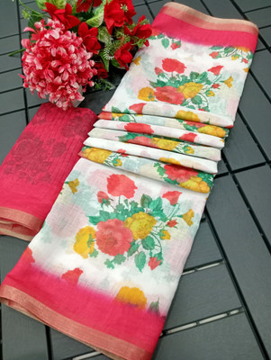 HouseOfCommon Floral Print Kanjivaram Linen, Cotton Linen Saree(Multicolor)
