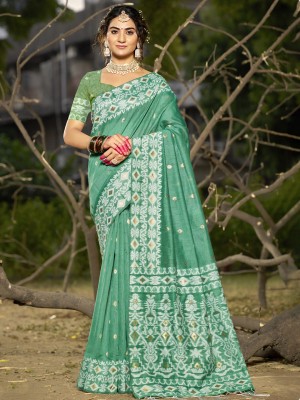 BUNAWAT Woven Handloom Cotton Linen Saree(Light Green)