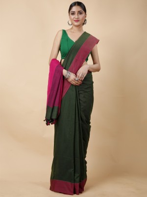 DipDiya Color Block Handloom Pure Cotton Saree(Dark Green)