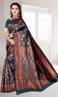 NENCY FASHION Printed Banarasi Silk Blend Saree(Dark Blue)
