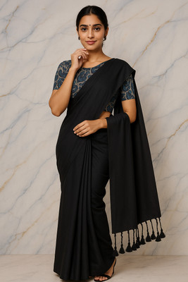 SMRITI CREATION Printed Tant Handloom Cotton Blend Saree(Black)