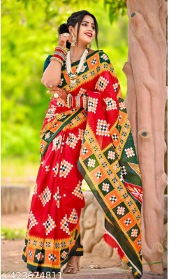 Sumit Textiles Digital Print Sambalpuri Cotton Blend Saree(Red)