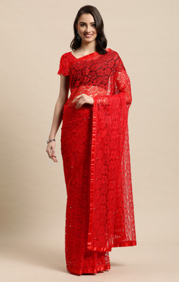 LOROFY Embellished Bollywood Net, Jacquard Saree(Red)