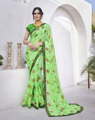 YASHIKA Printed Bandhani Georgette, Lace Saree(Green)