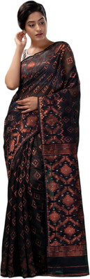basak creation Woven Jamdani Cotton Blend Saree(Dark Blue)