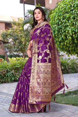 RIVETSTYLE Woven Bollywood Silk Blend, Jacquard Saree(Purple)