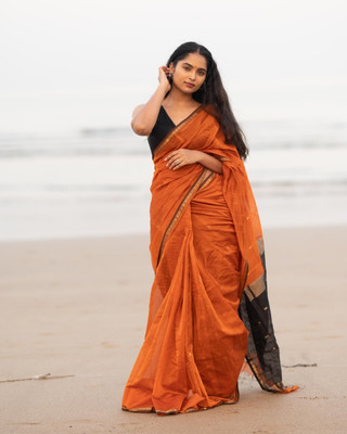 SetuMaalik Woven Banarasi Cotton Silk, Jacquard Saree(Orange, Black)