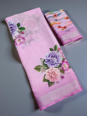 TANURI Printed Bollywood Cotton Linen, Cotton Silk Saree(Pink)