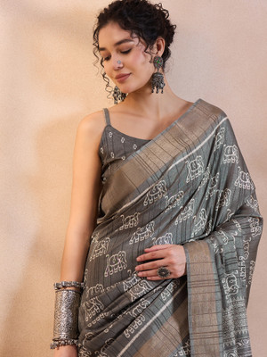 Sareemall Printed Madurai Silk Blend Saree(Grey)