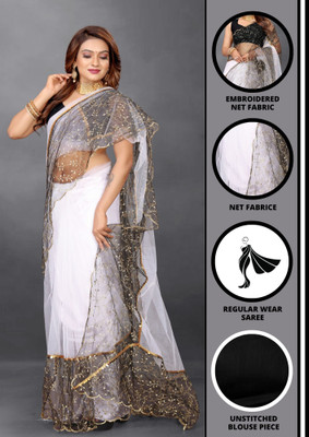 Barkiya Creation Embroidered Bollywood Net Saree(White)