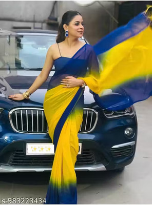 Shree Khodiyar Color Block Bollywood Georgette Saree(Yellow, Blue)