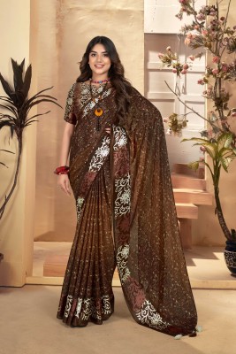 Divastri Printed Bollywood Silk Blend Saree(Brown)