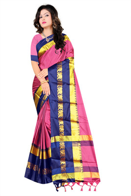 DEEP KIRAN FABRICS Temple Border, Woven, Color Block Maheshwari Cotton Silk Saree(Pink)