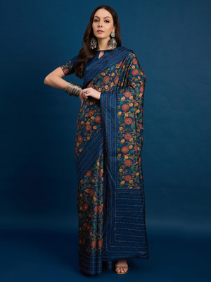 Sangria Printed Daily Wear Silk Blend Saree(Dark Blue)