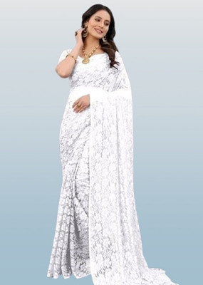 NORAFLEX Embroidered Bollywood Net Saree(White)