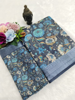 Gajal Printed Kanjivaram Pure Cotton, Cotton Linen Saree(Dark Blue)