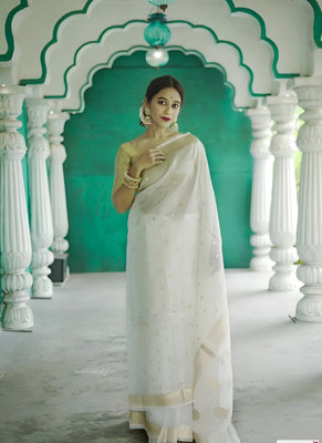 KIVERA Self Design, Woven Daily Wear Linen Saree(White)