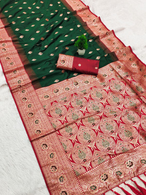 Divastri Woven Banarasi Cotton Silk Saree(Dark Green)