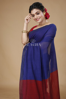 SLAGHA Solid/Plain, Self Design, Color Block Bollywood Cotton Blend Saree(Red, Blue)