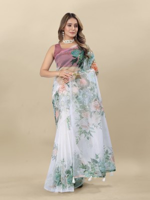 Divastri Floral Print Bollywood Organza Saree(White)