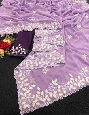 ruhu fashion Embroidered Handloom Chiffon Saree(Purple)