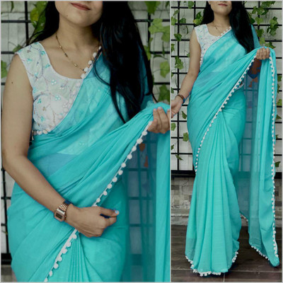 Vijayhanuman Solid/Plain Bollywood Viscose Rayon Saree(Light Blue)