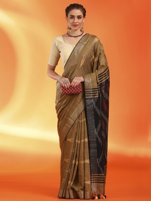 Sareemall Printed Pochampally Cotton Blend Saree(Brown)