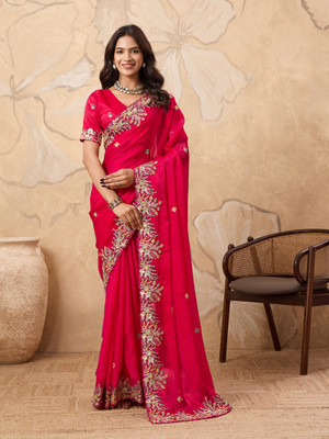 SARETRA MALL Embroidered, Floral Print Bollywood Chiffon Saree(Pink)