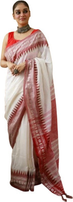 kalpana handloom Solid/Plain, Temple Border Handloom Pure Cotton Saree(White)