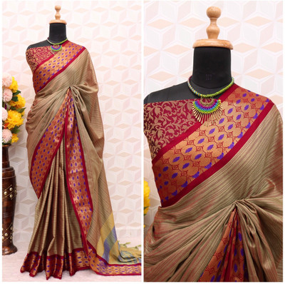 Juhi Collection Self Design, Temple Border, Striped, Woven, Polka Print, Dyed, Solid/Plain Bollywood Jacquard, Cotton Silk Saree(Light Green)