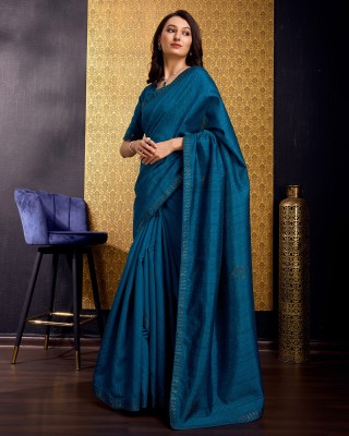 Divastri Embellished, Solid/Plain, Self Design Bollywood Tussar Silk, Silk Blend Saree(Dark Blue)