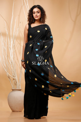 SLAGHA Embroidered Handloom Cotton Blend Saree(Black)