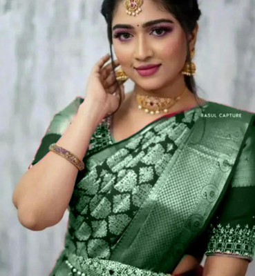 Heer Enterprise Woven Banarasi Cotton Blend, Jacquard Saree(Light Green)