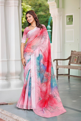 Vinayak Textile Printed Bollywood Linen Saree(Pink)