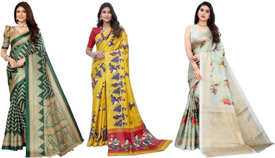 YASHIKA Printed Bhagalpuri Art Silk Saree(Pack of 3, Dark Green, Yellow, Light Blue)
