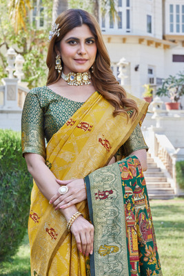 PICKWELL Printed Banarasi Cotton Silk, Jacquard Saree(Yellow, Green)