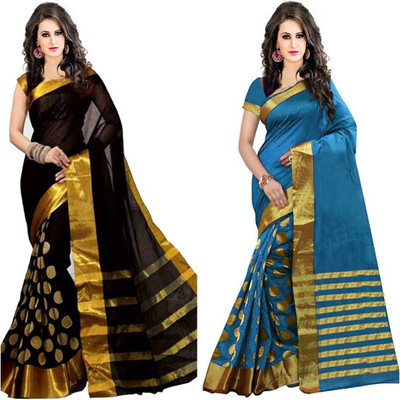 Rofolav Embellished, Solid/Plain, Striped Daily Wear Chanderi, Cotton Silk Saree(Pack of 2, Black, Blue)