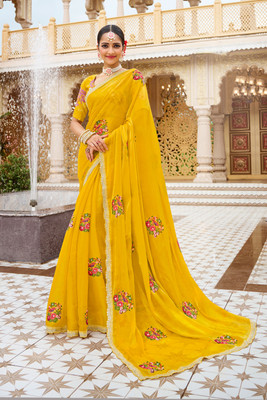 Laxmipati sarees Embroidered Bollywood Satin Saree(Mustard)