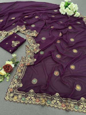 monoria Embroidered Bollywood Georgette Saree(Purple)