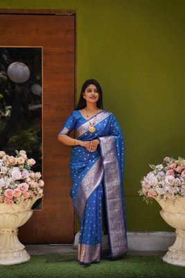 rendol Woven, Self Design Banarasi Jacquard Saree(Blue)