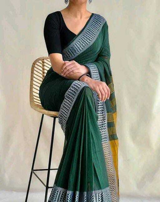 makalitraders Printed Handloom Cotton Blend Saree(Green)