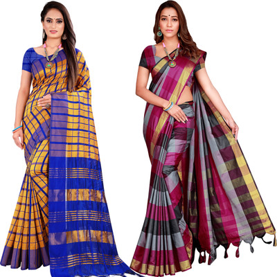 PRIYANSH CREATION Checkered Bollywood Cotton Silk Saree(Pack of 2, Multicolor)