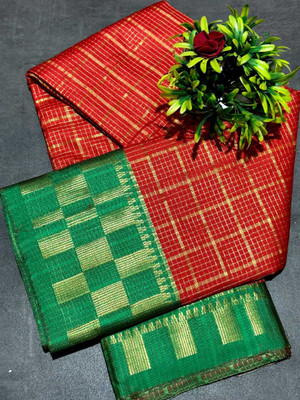 JbWorld Self Design, Woven, Checkered Chettinadu Cotton Silk, Pure Silk Saree(Red, Green)
