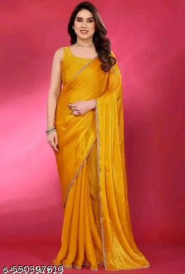 TAGALE Solid/Plain Bollywood Jimmy choo Saree(Yellow)